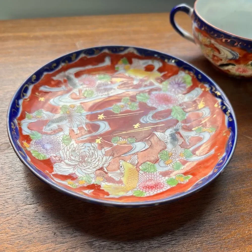 VTG Japanese Koi Fish Teacup & Saucer Set Red Floral Cobalt Rim Porcelain